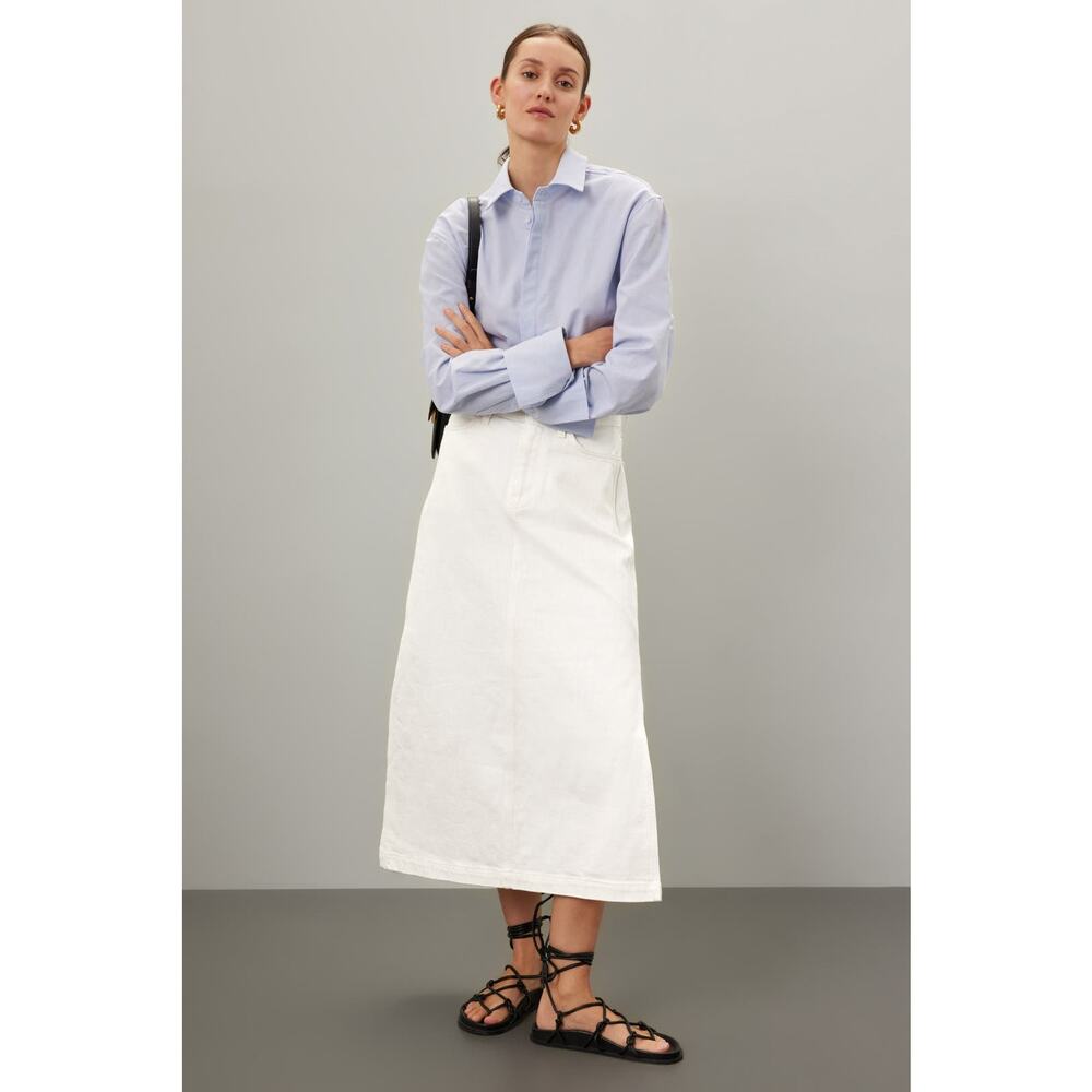 7 For All Mankind Denim Lustre‎ Midi Skirt White Sunny A-Line Side Slit Sz 32